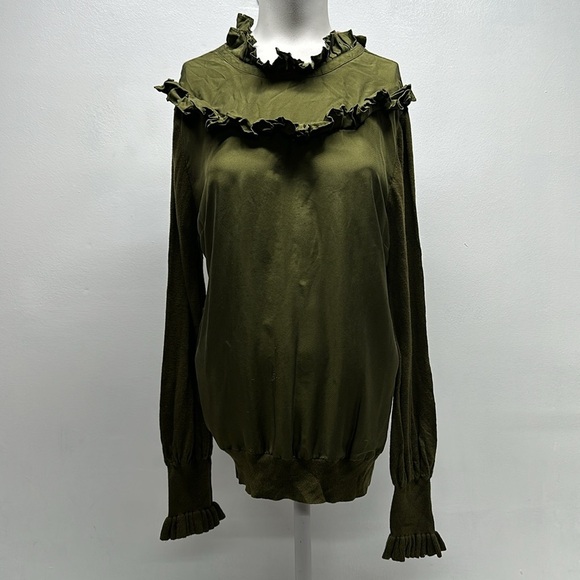 Ted Baker Taytiee Sweater Top Ruffle Frill Bib High Neck Silk Front Green US 6 8 - Picture 2 of 10